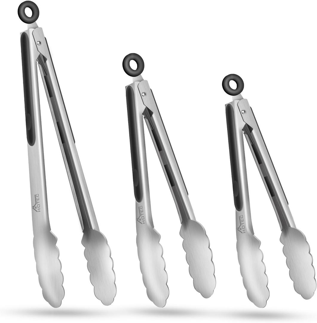 HOTEC Stainless Steel Kitchen Tongs Set of 3-7", 9" and 12", Locking Metal Food Tongs Non-Slip Grip