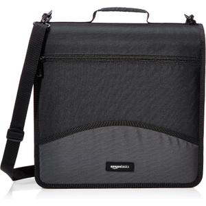 Amazon Basics Durable 3 Ring Binder with Zipper and Strap, Multiple Pockets, Sturdy Storage for School and Office, 3 inch, Black