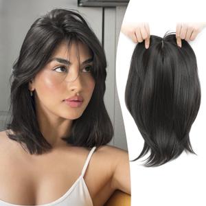 Ms Taj Hair Topper 12 Inch Hair Toppers for Women with Thinning Hair 6.5"x6.5" Large Base Synthetic Hair Topper with Bangs Fiber Wiglets Ladies Toppers Hair Pieces for Women-Brown Black