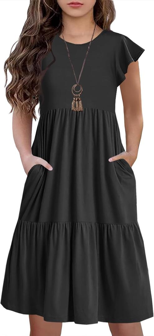 HOSIKA Girls Summer Ruffle Short Sleeve Crew Neck Loose Casual Flowy Tiered Short Dress with Pockets, size 12-13Y