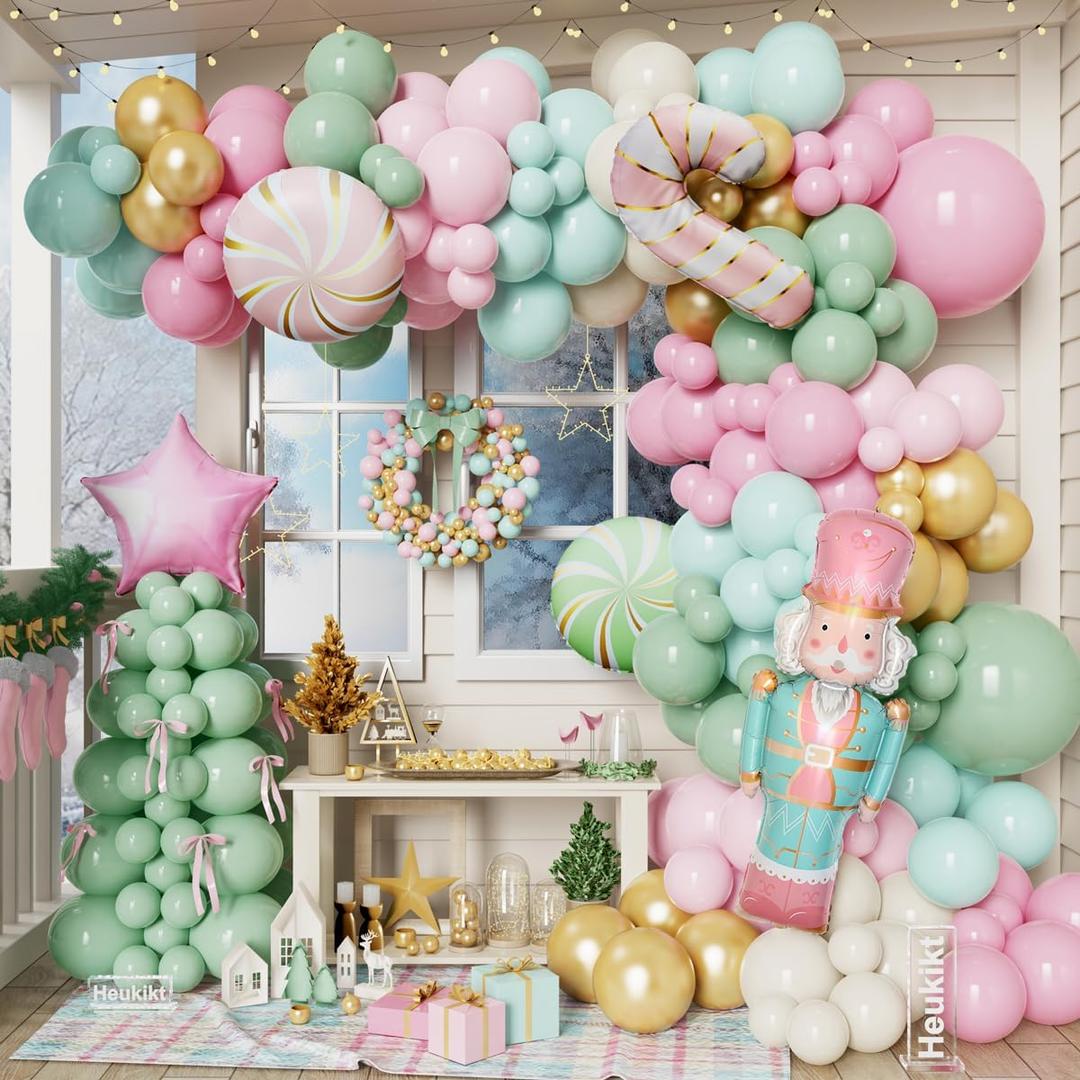 Christmas Nutcraker Party Decorations,181Pcs Sweet Pink Green Balloon Garland Arch with Nutcracker Candy Lollipop Foil Balloons for Xmas Winter Holiday Birthday New Year Party Supplies