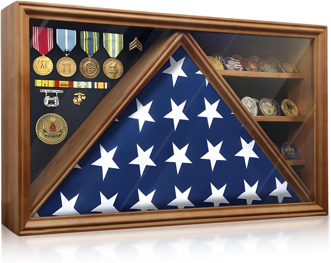Large Military Shadow Box Display Case with HD Tempered Glass - Triangular Flag Case Fits 9.5x5' American Burial Flag, Removable Shelves for Coins, Backboard for Medals and Insignia, Walnut