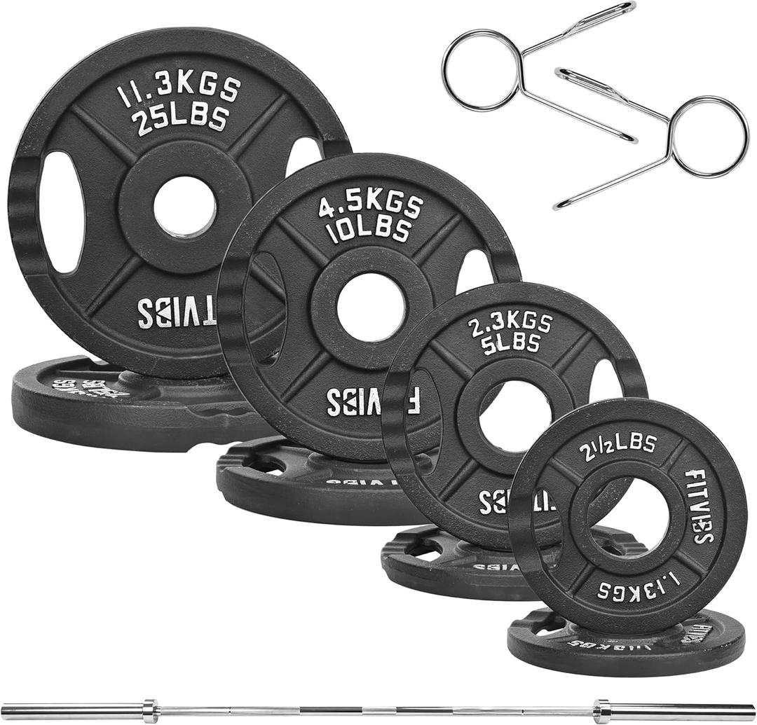 Fitvids Olympic Cast Iron 2-Inch Weight Plates Including 5FT Olympic Barbell Bar with Safely Locks, 100 Pounds Set (85 Lbs Plates + 15 Lbs Barbell Bar), Multiple Packages (Black)