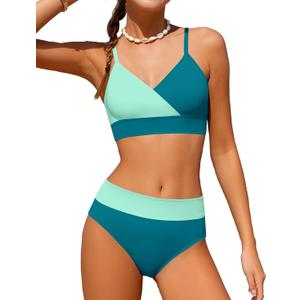 Girls Swimsuit V Neck Bikini Set Color Block with Cover Up 3Pcs Bathing Suits (Green, 13-14Y)