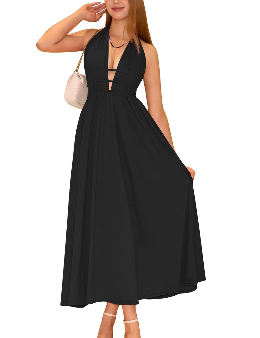 YMDUCH Women's Sexy Halter V Neck Sleeveless Backless A-line Cocktail Party Long Dress Black, Medium