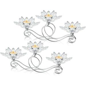 2Pcs Siver Kehail Crystal Metal Tea Light Candle Holder Set, 3-Arm Flower Shaped Crystal Votive Candlestick Holders for Table Centerpiece, Wedding Shower, Party and Home Decor (Silver)