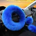 Yontree Fashion Fluffy Steering Wheel Covers for Women/Girls/Ladies Australia Pure Wool 15 Inch 1 Set 3 Pcs (Blue) (Long Hair)
