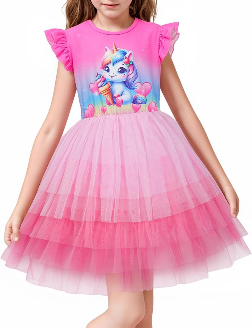 LQSZ Girls Tulle Dresses Princess Flutter Sleeve Tutu Dress for Toddler Girl 3-12 Years (Pink)