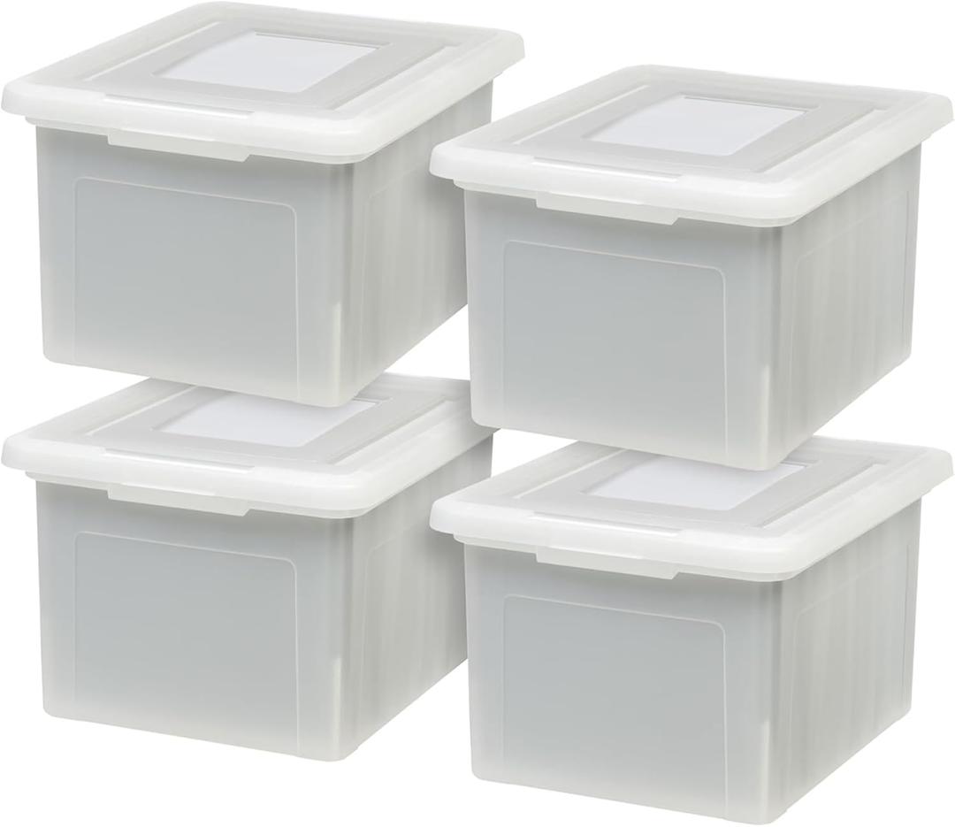 IRIS USA File Box, Plastic File Organizer with Lids for Letter/Legal File, Portable Document Box For Moving, Storage Bin with Durable and Secure Lid, Stackable Nestable BPA-Free, Pearl 35 Qt. 4 Pack