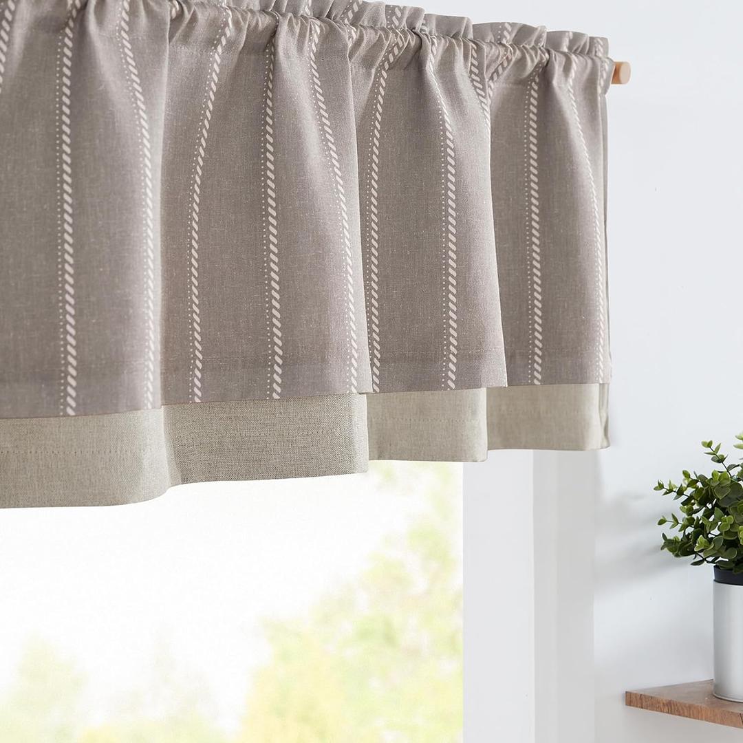 jinchan Nautical Valance Striped Linen Curtain 16 Inch Farmhouse Light Filtering Double Layer Valance for Kitchen Living Room Bathroom Windows Pinstripe Window Treatment 1 Panel Tan
