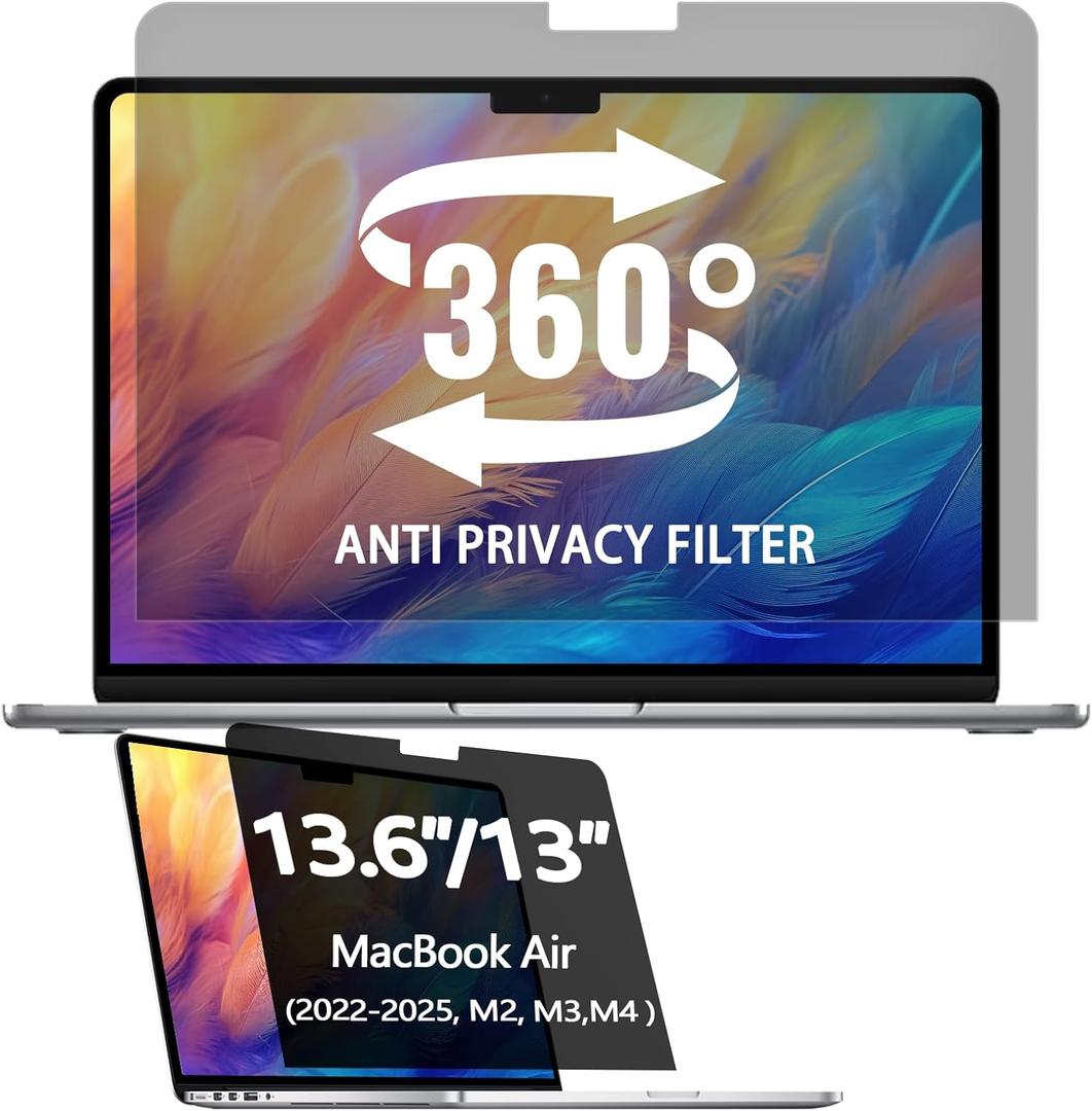 360° Privacy Screen Protector for MacBook Air 13.6/ 13 Inch (2022-2025, M2, M3，M4), Privacy Screen Filter for MacBook Air 13.6 Inch, Anti-Spy/ Anti Fingerprint/ Anti Blue Light/ Anti Glare