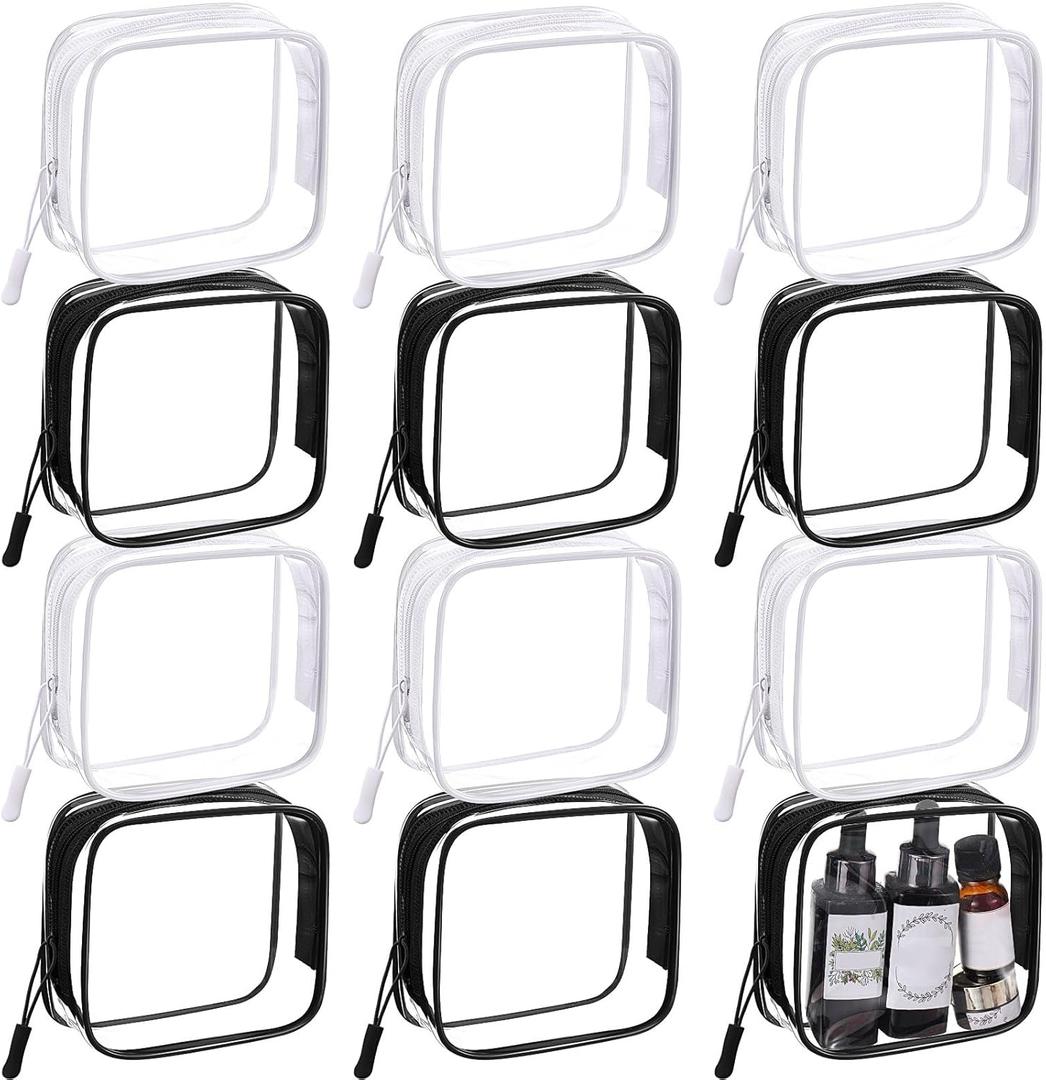 12 Pcs Clear Black and White Cosmetic Makeup Bags Bulk with Zipper Tsa Approved Toiletry Bag for Travel Transparent PVC Waterproof Carry Pouches Organizer Case for Men Women (Classic Color)