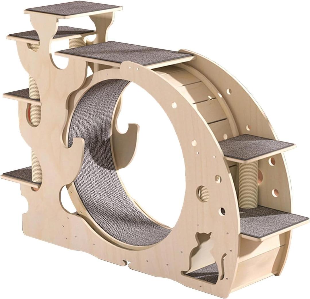 Luxury Solid Wood Cat Wheel Toy, Cat Exercise Treadmill, Large Cat Climbing Frame with Running Wheels, Easy to Assemble Cats Toys