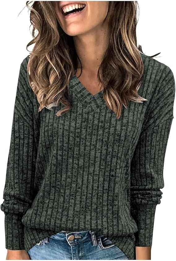 Womens Tops Fall Fashion Sweatshirts for Women V Neck Long Sleeve Sweaters Lightweight Dressy Casual Pullover Green and Grey XXL