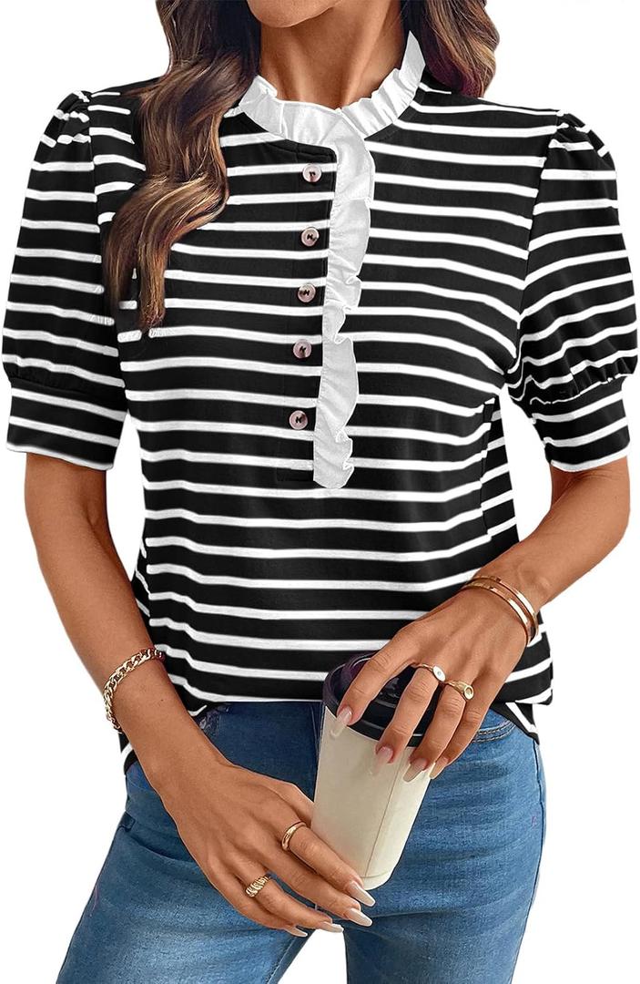 BLENCOT Summer T Shirt for Women Casual Puff Sleeve Button Down Ruffle Collar Striped Knit Blouse Tops (Black, L)