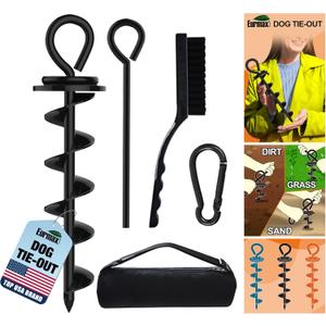 Eurmax USA Heavy Duty Dog Tie Out Stake for Large Dogs up to 210 lbs,Dog Stakes for Outside,Ground Anchor for Dog Leash,Runner Cable, and Pet Gadget Dog Accessories Trampoline Stakes 1-Pack (Black)