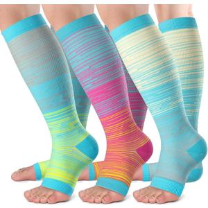 bropite Open Toe Compression Socks for Men & Women - 3 Pairs of 15-20 mmhg Knee High Stockings for Circulation Support (Large-X-Large, D-light Blue)