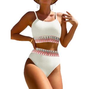 Women's High Waisted Swimsuit Two Piece Ribbed Bikini Sets Crop Top High Cut Cheeky Bathing Suits (Large)