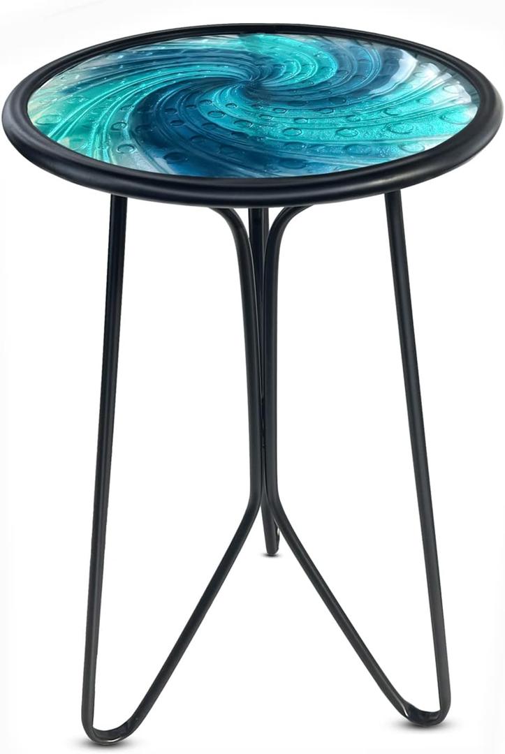 Patio Side Table, Small Round End Table, Metal Side Table Outdoor, Small Porch Table for Indoor Balcony Furniture Decor (Blue Glass 12inch)