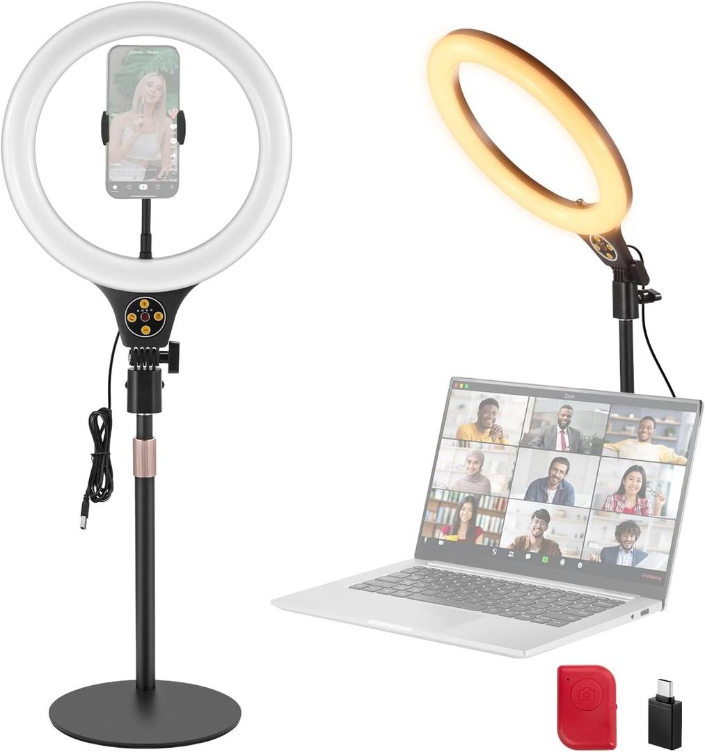 NEEWER Entry Level Version 10.5" Desk Ring Light with Stand/Phone Holder Compatible with iPhone/Remote, 10W CRI85+ LED Lighting for Streaming Recording Makeup Selfie Laptop Video Conference, N22 (Black)