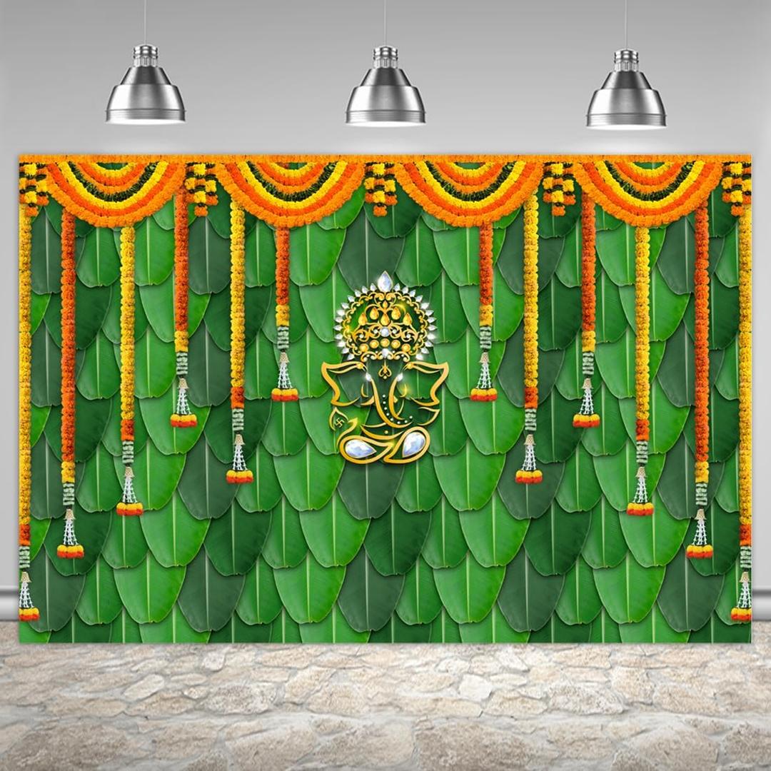 Pooja Backdrop Decoration Cloth Items Indian Ganpati Puja Traditional Chatiya Ganesh Mehndi Photography Background Festival Wedding Party Marigold Garlands Photo Booth Props Banner 6x4ft