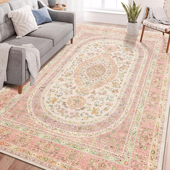 6x9 Area Rugs Washable,Pink Rug for Living Room Bedroom Kitchen,Large Boho Vintage Bohemian Distressed Farmhouse Carpet Non Slip,Blush Floral