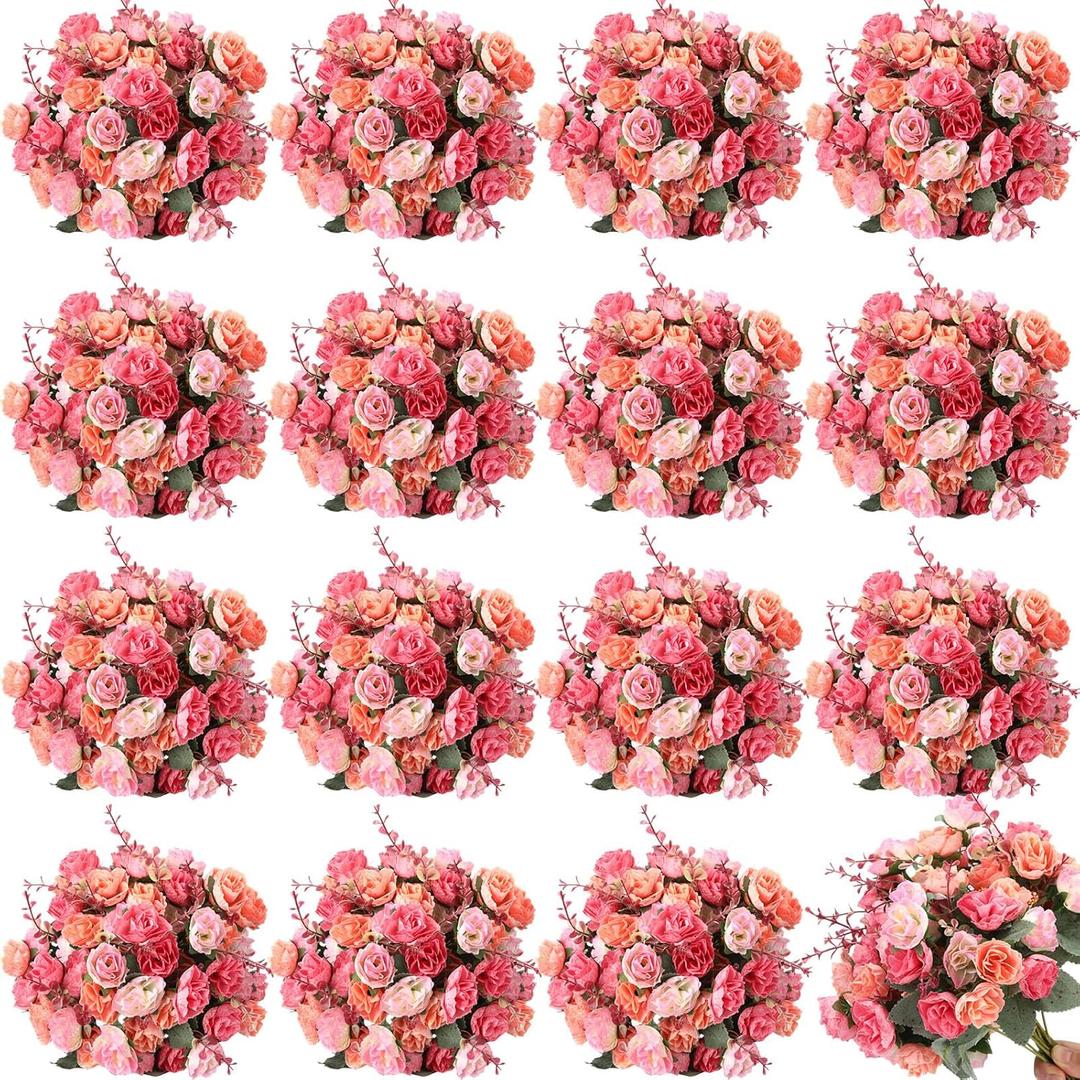 Geosar 16 Pcs Rose Artificial Flowers Fake Flowers Bouquet 21 Heads Silk Faux Floral Bundles with Stem for Home Bridal Wedding Arrangements Table Centerpieces Party Decor (Pink)