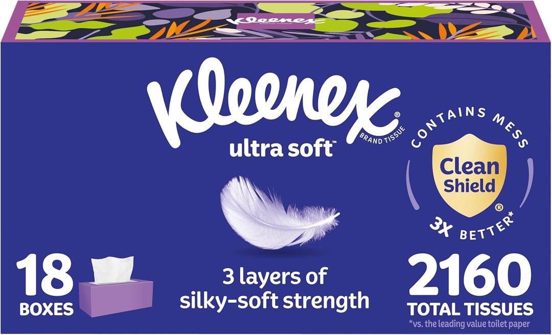 Kleenex Ultra Soft Facial Tissues, 18 Flat Boxes, 120 Tissues per Box, 3-Ply (2,160 Total), Packaging May Vary (White)