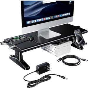Computer Monitor Stand Riser for Desk with Usb Hub Charging,30W/5Gbps Usb C Docking Station with Power,4.5-6.3''Freely Height Adjustable with Phone Holder,Monitor Stands Riser for PC,Laptop,Printer,TV