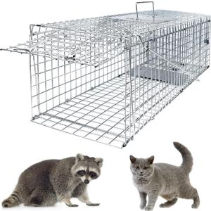 Live Animal Trap - 32'' Humane Way Folding Raccoon Traps, Humane Live Trap Cage Indoor and Outdoor for Stray Cats, Raccoons, Squirrel, Skunk, Mole, Groundhog, Armadillo, Rabbit (3210.212.2-Silver)
