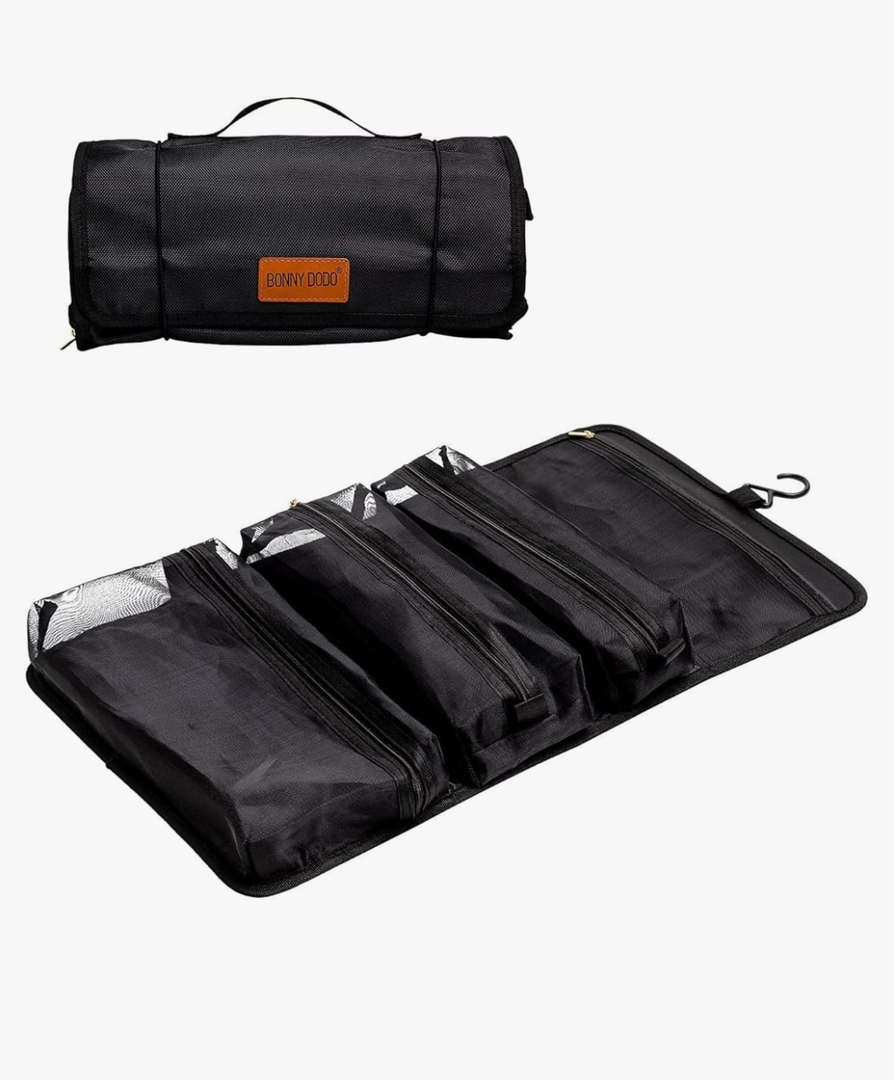 BONNY DODO Toiletry Travel Bag Can Hanging Large Roll-Up Makeup Organizer Bag with 3 Detachable Transparent Mesh Folding Cosmetic Travel Bags for Women & Men Black Toiletries Organizer Bag
