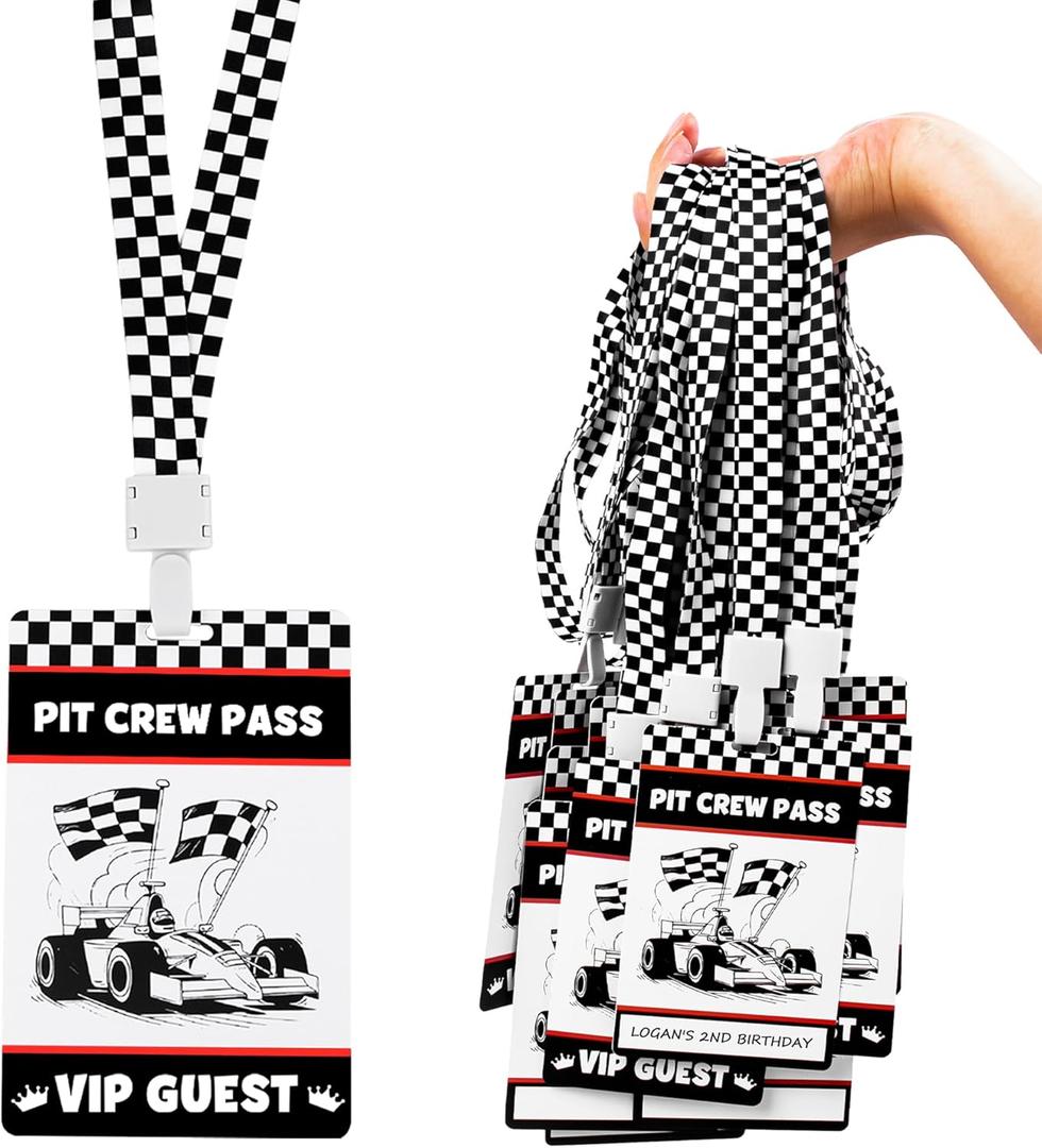 25 Sets Racing VIP Pass Cards with Checkered Lanyards Bulk PVC VIP Pass Cards with White and Black Lanyards Race Car Birthday Party Decorations for Event Gamer Race Car Theme Party Favors