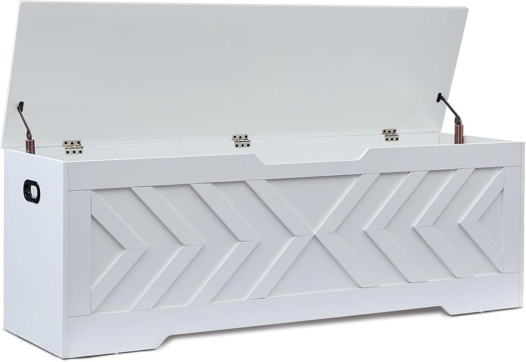 55.1” Storage Bench, Extra Large Entryway Bench with Storage,Storage Chest with 2 Safety Hinges,Blanket Storage,Shoe Storage Chest for Bedroom,Living Room,Easy Assembly. (White), 55.1" L × 15.7" W × 19.1" H