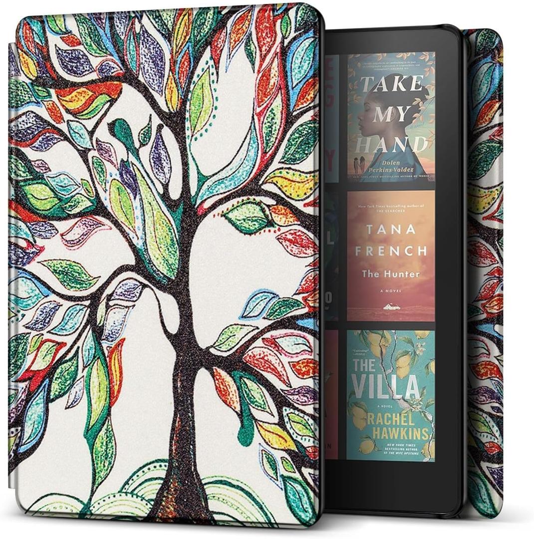 TNP Case for Kindle Paperwhite 12th Generation 2024 / Kindle Colorsoft Signature Edition - 7" PU Leather Protective Folio Cover for Kindle Paperwhite Kids with Auto Sleep/Wake, Life Love Tree