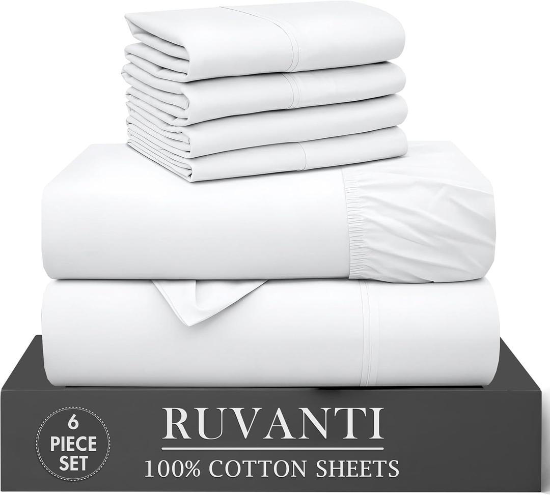 RUVANTI 6 Pcs Cotton Sheets - 100% Natural Cotton Soft, Lightweight & Breathable Crispy Percale Bed Sheets, Queen Sheet Set 16" Deep Pockets, Bright White