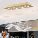 Siljoy Rectangular Gold Crystal Chandelier for Dining Room, 8-Light Modern K9 Crystal Wave Raindrop Chandelier for Living Room Bedroom Kitchen Island L31.5'' x W11.8'' x H32.2''