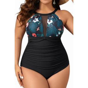 Aqua Eve Plus Size Swimsuit Women One Piece Swimsuit Tummy Control High Neck Bathing Suit Ruched Swimwear (Black Floral) 22W