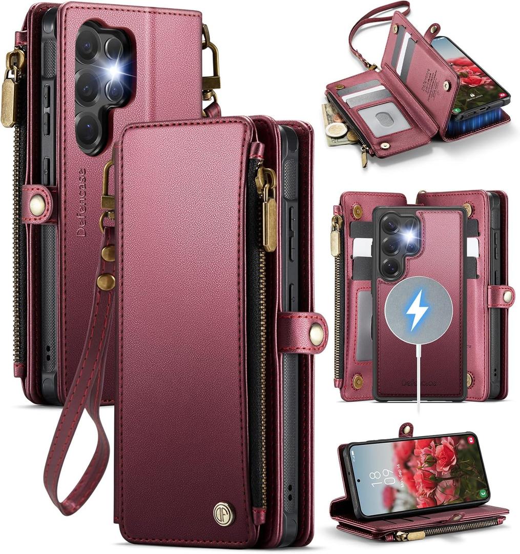 Defencase for Samsung Galaxy S22 Ultra Magnetic Wallet Case Compatible with Magsafe with RFID Blocking Zipper & Card Holder Women, PU Leather Detachable Phone Case for Galaxy S22 Ultra 6.8", Wine Red