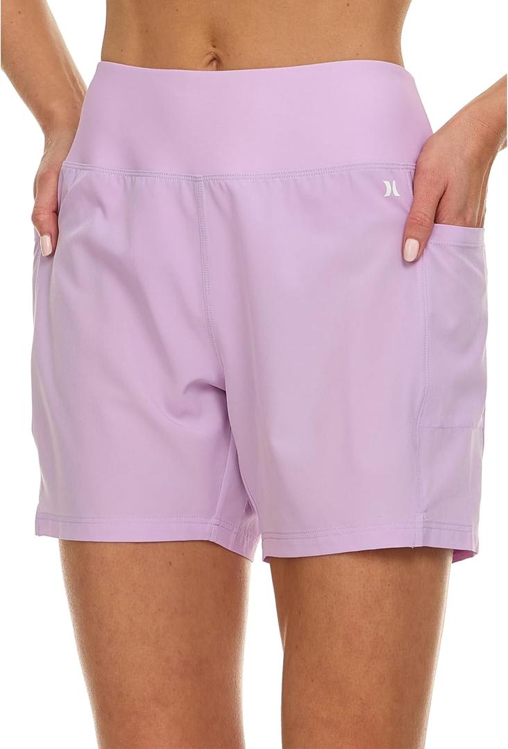 Hurley 5"/7" High Waisted Swim Shorts Women, Board Shorts with Pockets & Inner Liner, Quick Dry Swim Trunk, UPF 50+, 5" Inseam, Medium, Lilac