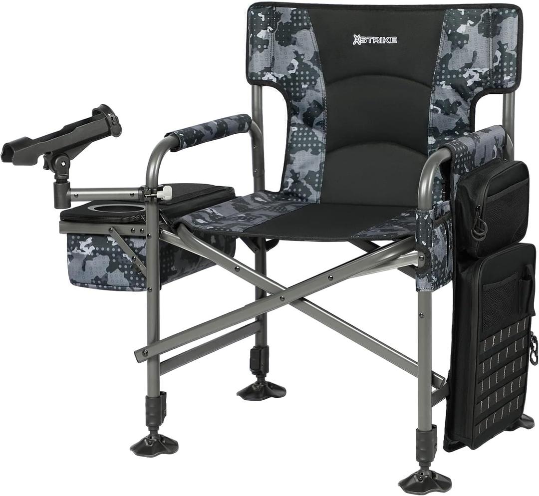 X Strike Fishing Chairs with Rod Holder, Folding Ice Fishing Chair for Adults Outdoor Camping Chair Leg Adjustable with Cooler Bag and Storage Bag for Ice Fishing, Camp, Lawn, Patio, Garden