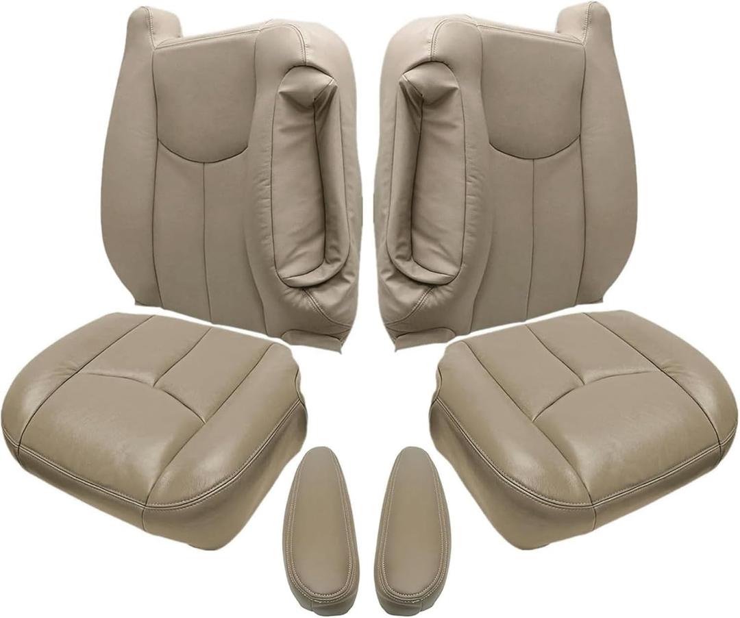 NLQR Front Both Sides Bottom & Top Back Replacement Seat Covers & 2Pcs Seat Armrest Covers Compatible with Chevy Silverado Avalanche GMC Sierra 2003-2007, Medium Neutral Tan 522 Microfiber Leather