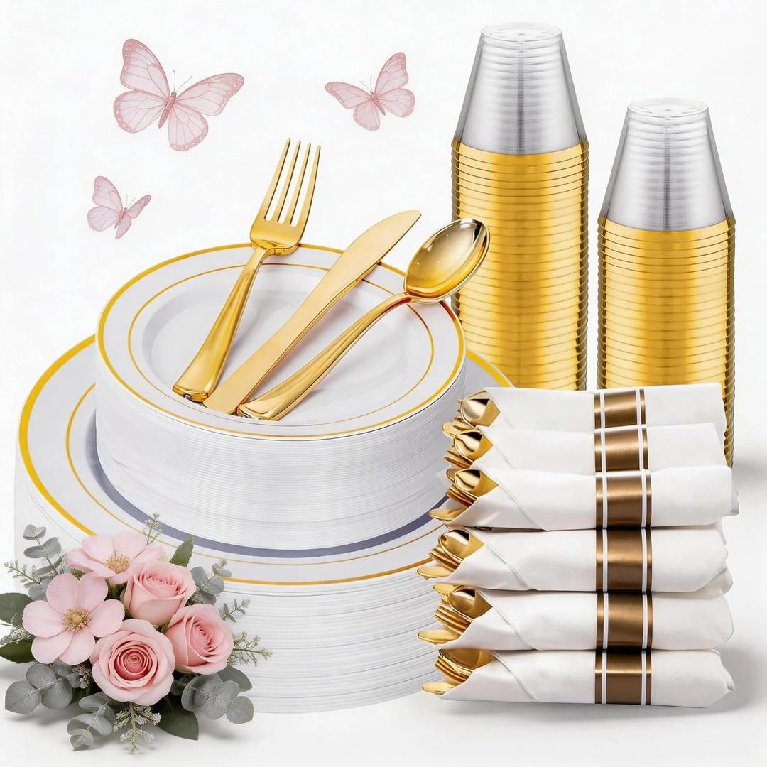 WDF Partyware 175PCS White and Gold Plastic Plates - Gold Plates with Rolled Napkins for Party - 25Guest Disposable Dinnerware Sets for Wedding/Baby Shower/Spring/Birthday/Mother's Day