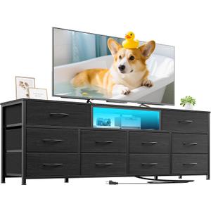 Furnulem 63 Long Dresser for Bedroom, TV Stand for 65 to 75 inch TV, Black Dresser with 10 Fabric Drawers, Chest of Drawer for Closet, Entertainment Center with Power Outlet & LED Light