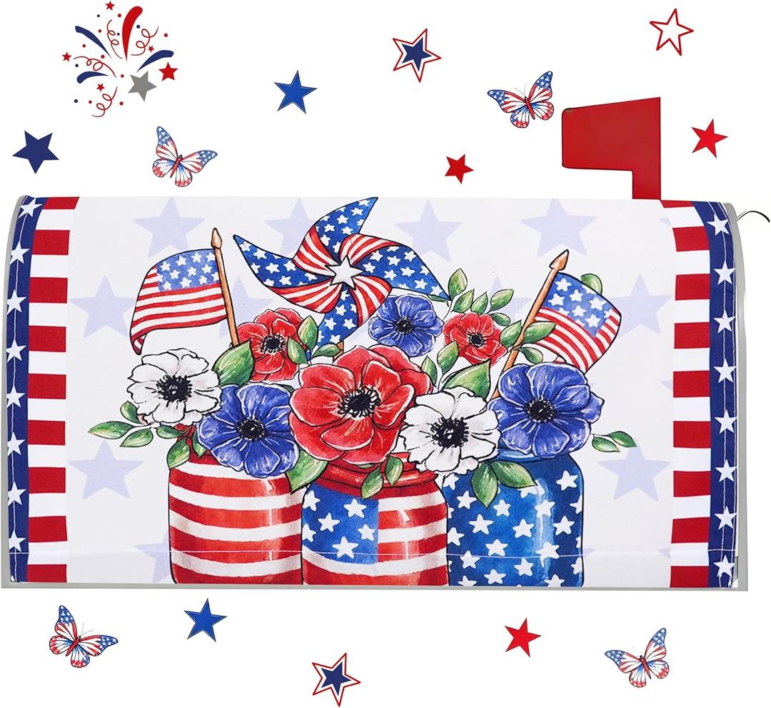 4th of July Mailbox Covers Magnetic Standard Size 18" x 21", Patriotic Mailbox Cover Red and Blue Floral Mailbox Post Letter Box Cover for Independence Day Memorial Day Garden Yard Decor