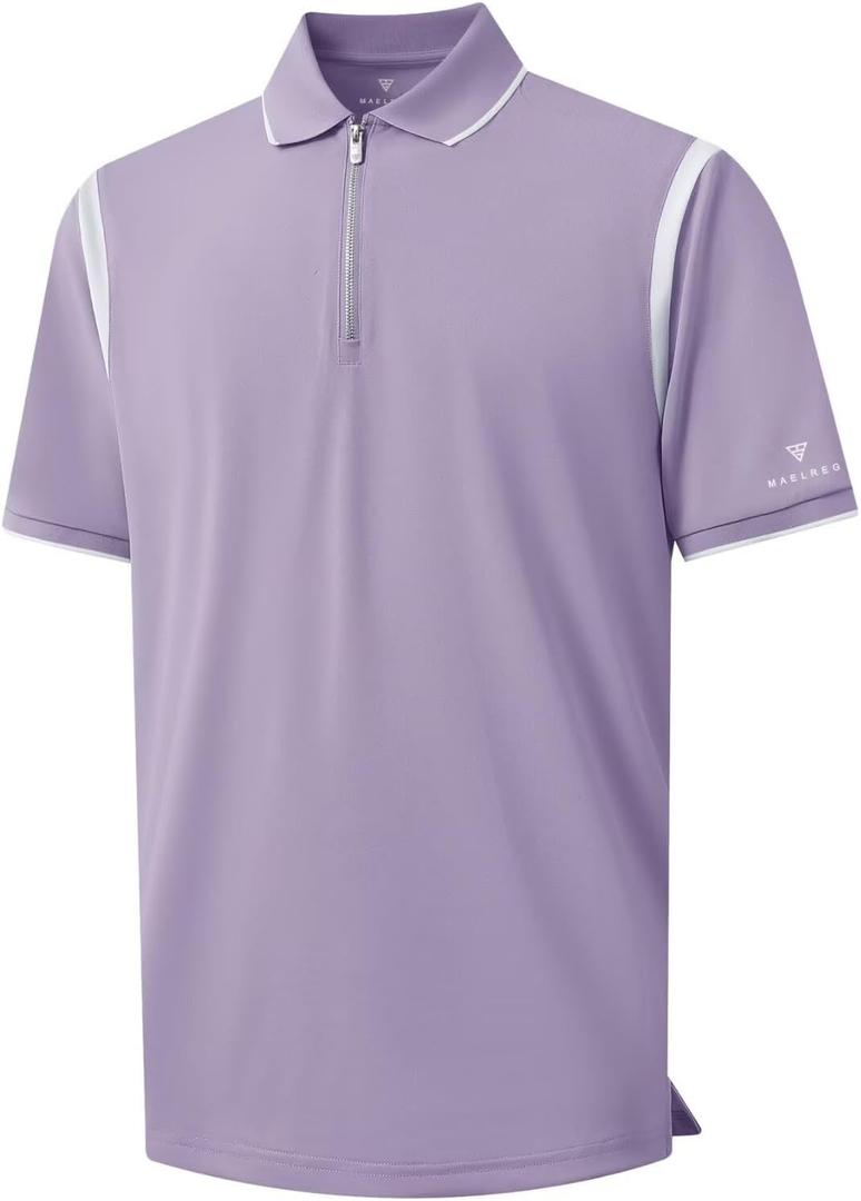 M MAELREG Polo Shirts for Men Short Sleeve Casual Dry Fit Lightweight Performance Moisture Wicking Zipper Mens Golf Shirts (2XL, Lavender)