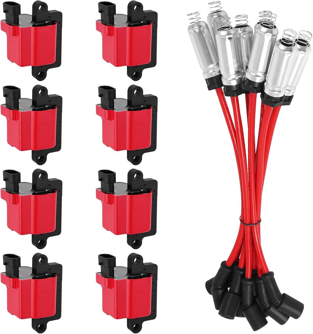 8Pcs UF271 Square Ignition Coils with 748UU 8mm Spark Plug Wires Set Compatible with Chevy Silverado Suburba Tahoe, Cadillac, GMC Sierra Yukon Hummer 4.8L 5.3L 6.0L, Replace# D581 M8-48322R