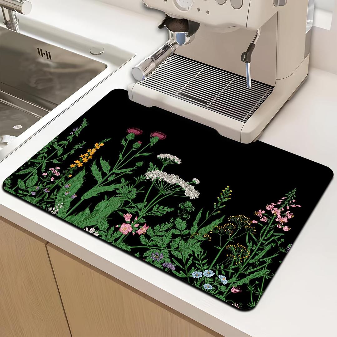 Dish Drying Mat for Multiple Usage. Super Absorbent, Easy clean, Quick dry, Cocina Accesorios for Kitchen Counter or Faucet Sink, Coffee bar, Refrigerator or Air fryer liners,2 Pack Flower