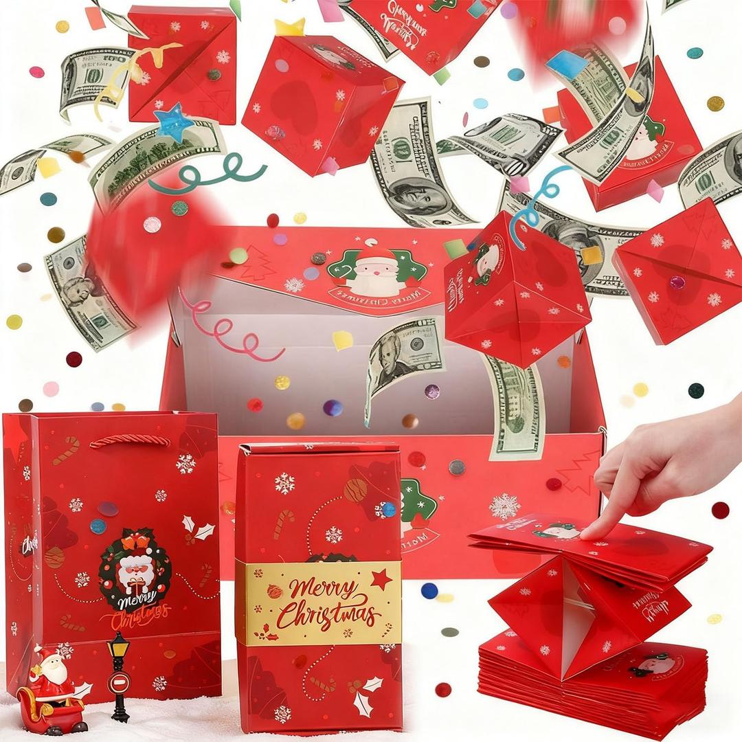 BOVVSKY 16PCS Surprise Gift Box Explosion for Money, Merry Christmas Surprise Gift Box Explosion for Money, Christmas Cash Luxury Folding Pop-Up SurpriseBox (Red)