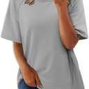 KISSMODA Business Casual Tops for Women Short Sleeve Shirts Comfy Plus Size Summer Outfits Solid Preppy Teen Girl Clothes Loose Crewneck Tees, Light Grey, Size: M
