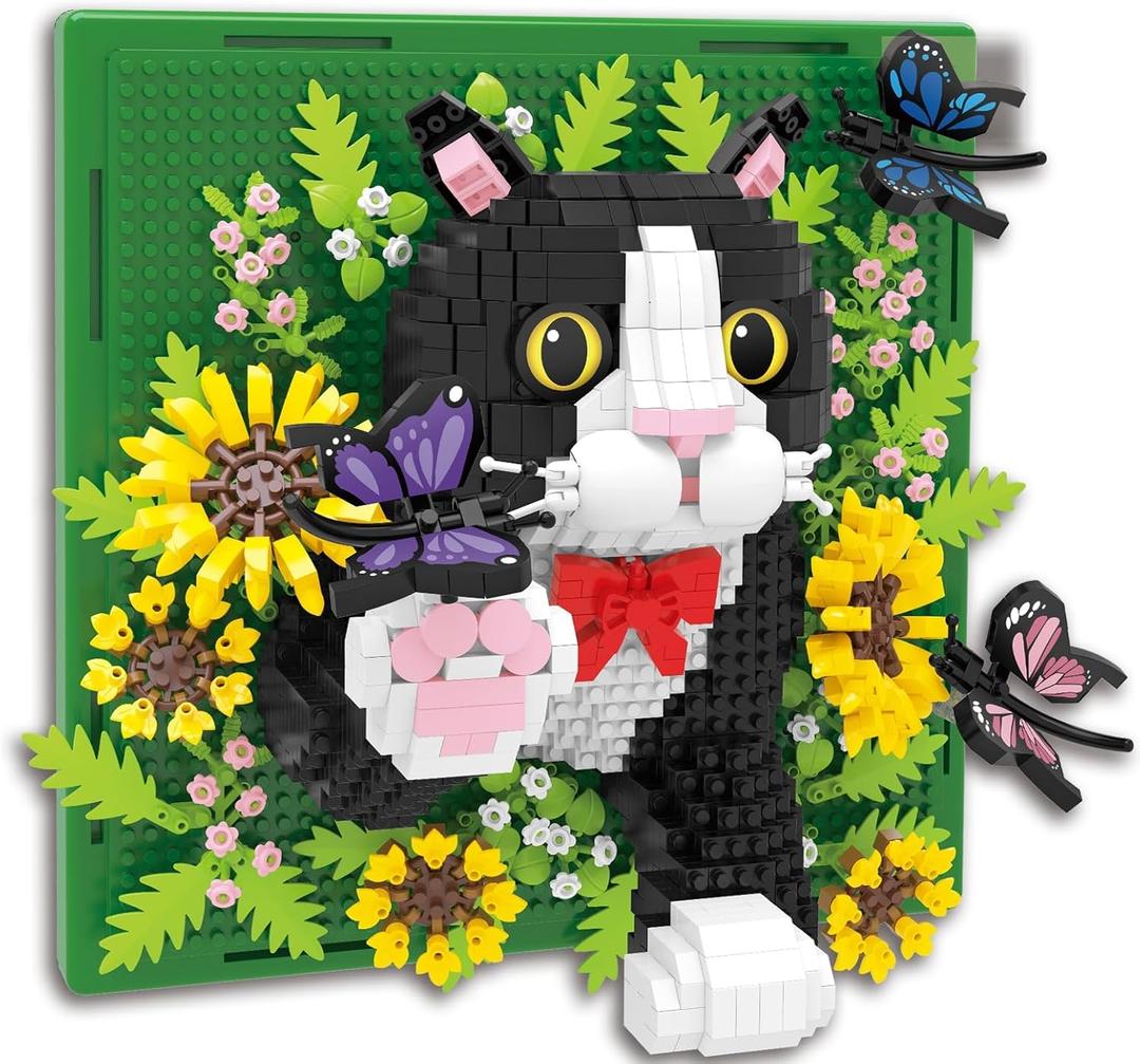 Flowers Tuxedo Cat Animal 3D Wall Art Micro Mini Building Blocks Set, Unique Home Wall Decor or Table Display, No Compatible with Lego, Ideal Gift Toy for Adults & Boys Girls 14+ (1402 PCS)